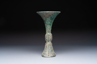 A Chinese archaic bronze wine vessel, Gu 觚, Shang