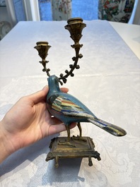 A pair of Chinese cloisonn&eacute; pigeons mounted as candelabras, 19th C.