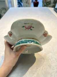 Four Chinese blue, white and famille rose tazzas and a covered spice bowl with bats design, 19th C.