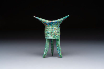 A Chinese archaic bronze wine vessel, Jiao 角, Shang/Zhou