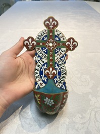 Four Chinese cloisonn&eacute; crucifixes and a holy water font, 19th C.