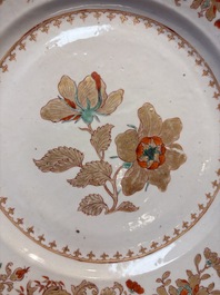 A Chinese gilt-decorated famille verte dish with floral design, 18th C.