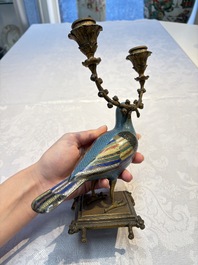 A pair of Chinese cloisonn&eacute; pigeons mounted as candelabras, 19th C.