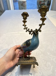 A pair of Chinese cloisonn&eacute; pigeons mounted as candelabras, 19th C.