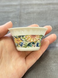 Six sets of Chinese famille rose cups and saucers, Yongzheng/Qianlong