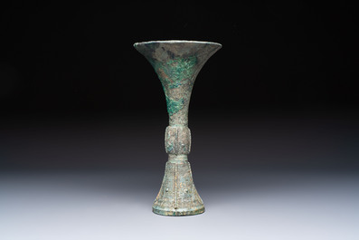 A Chinese archaic bronze wine vessel, Gu 觚, Shang
