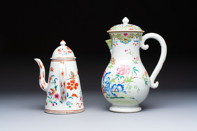 A Chinese famille rose covered ewer, a covered chocolate pot, a bowl and a dish, Qianlong