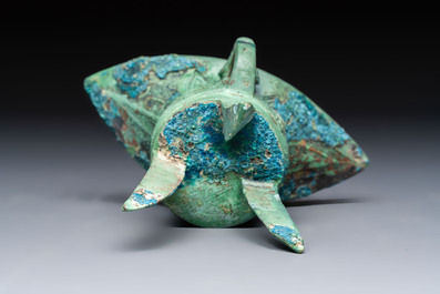 A Chinese archaic bronze wine vessel, Jiao 角, Shang/Zhou