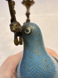A pair of Chinese cloisonn&eacute; pigeons mounted as candelabras, 19th C.