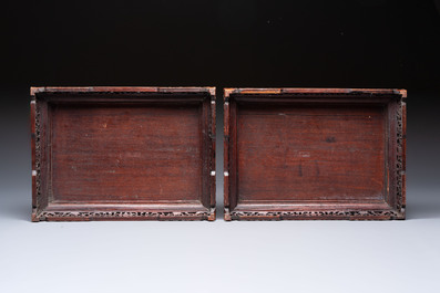 A pair of Chinese cloisonn&eacute; 'Fangding' censers and covers with Taotie design on carved wooden stands, 19th C.