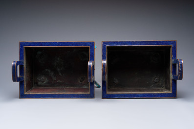 A pair of Chinese cloisonn&eacute; 'Fangding' censers and covers with Taotie design on carved wooden stands, 19th C.