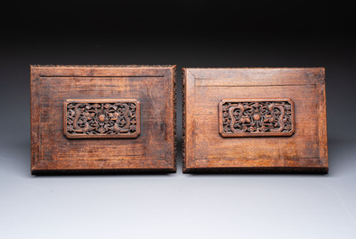 A pair of Chinese cloisonn&eacute; 'Fangding' censers and covers with Taotie design on carved wooden stands, 19th C.