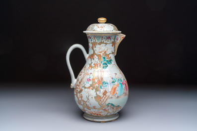 A fine large Chinese famille rose gilt-decorated 'Mandarin Subject' jug and cover, Qianlong