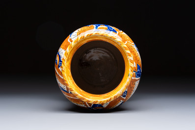 A large polychrome Italian maiolica 'Fortuna' albarello, Casteldurante or Pesaro, ca. 1580