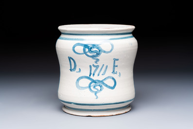 A blue and white Italian maiolica albarello, dated 1711