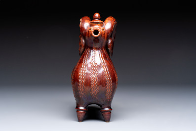 A brown-glazed stoneware ewer and cover in the shape of a ram, impressed mark, Opishne, Ukraine, early 20th C.