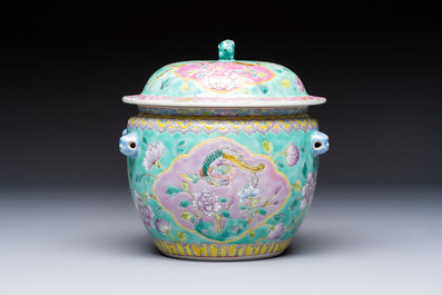 A Chinese famille rose turquoise-ground 'Kamcheng' bowl and cover for the Straits or Peranakan market, 19th C.