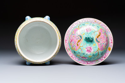 A Chinese famille rose turquoise-ground 'Kamcheng' bowl and cover for the Straits or Peranakan market, 19th C.