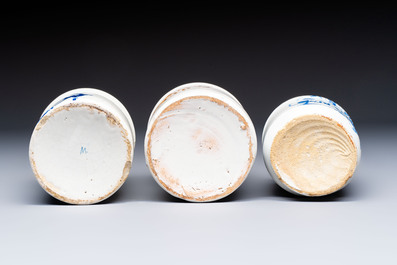 Four blue and white Dutch Delft pharmacy jars, 18th C.