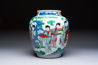 A Chinese wucai 'The Birthday Celebration of Xi Wang Mu' jar, Transitional period