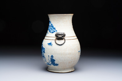 A Chinese Nanking crackle-glazed blue and white 'Hu' vase with a deer hunting scene, Hongwu mark, 19th C.