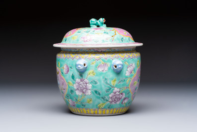 A Chinese famille rose turquoise-ground 'Kamcheng' bowl and cover for the Straits or Peranakan market, 19th C.