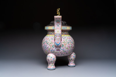 An impressive Chinese famille rose 'Bajixiang and Lotus Scroll' tripod censer with a wooden cover, Jiaqing mark and of the period