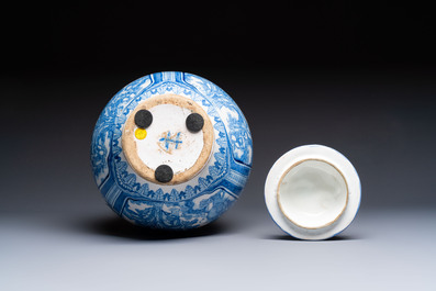 A large blue and white Dutch Delft chinoiserie vase and cover, 17th C.