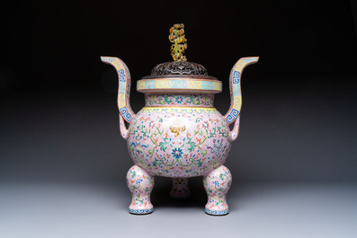 An impressive Chinese famille rose 'Bajixiang and Lotus Scroll' tripod censer with a wooden cover, Jiaqing mark and of the period