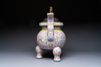 An impressive Chinese famille rose 'Bajixiang and Lotus Scroll' tripod censer with a wooden cover, Jiaqing mark and of the period