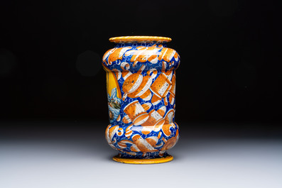 A large polychrome Italian maiolica 'Fortuna' albarello, Casteldurante or Pesaro, ca. 1580