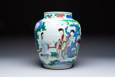 A Chinese wucai 'The Birthday Celebration of Xi Wang Mu' jar, Transitional period