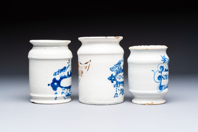 Four blue and white Dutch Delft pharmacy jars, 18th C.