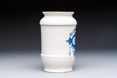 Four blue and white Dutch Delft pharmacy jars, 18th C.
