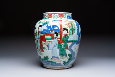 A Chinese wucai 'The Birthday Celebration of Xi Wang Mu' jar, Transitional period