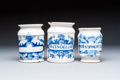 Four blue and white Dutch Delft pharmacy jars, 18th C.