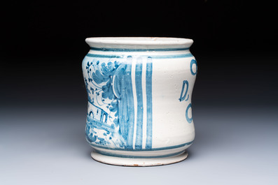 A blue and white Italian maiolica albarello, dated 1711