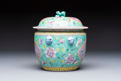 A Chinese famille rose turquoise-ground 'Kamcheng' bowl and cover for the Straits or Peranakan market, 19th C.
