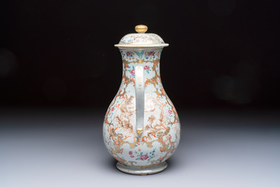 A fine large Chinese famille rose gilt-decorated 'Mandarin Subject' jug and cover, Qianlong