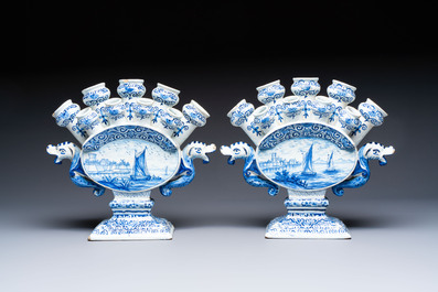 A pair of large blue and white Dutch Delft tulip vases, 19th C.
