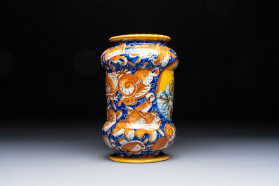 A large polychrome Italian maiolica 'Fortuna' albarello, Casteldurante or Pesaro, ca. 1580