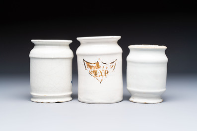 Four blue and white Dutch Delft pharmacy jars, 18th C.