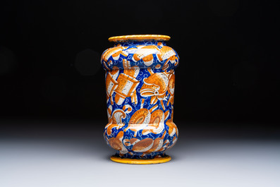 A large polychrome Italian maiolica 'Fortuna' albarello, Casteldurante or Pesaro, ca. 1580
