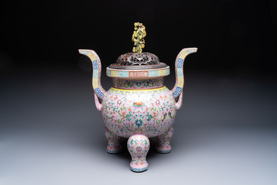 An impressive Chinese famille rose 'Bajixiang and Lotus Scroll' tripod censer with a wooden cover, Jiaqing mark and of the period