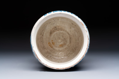 A blue and white Italian maiolica albarello, dated 1711