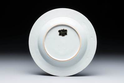 A Chinese famille rose bianco-sopra-bianco 'Peter The Great in Zaandam' plate, Qianlong