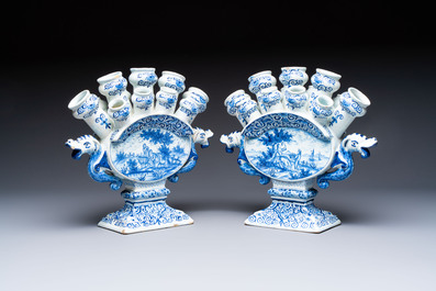 A pair of large blue and white Dutch Delft tulip vases, 19th C.