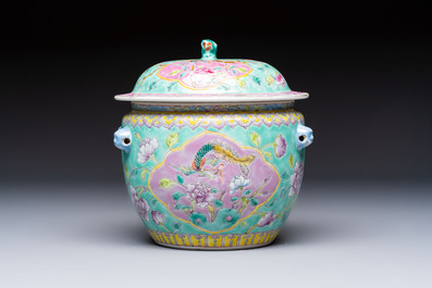 A Chinese famille rose turquoise-ground 'Kamcheng' bowl and cover for the Straits or Peranakan market, 19th C.