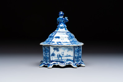 A blue and white Dutch Delft tobacco box and cover, 18th C.