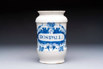 Four blue and white Dutch Delft pharmacy jars, 18th C.